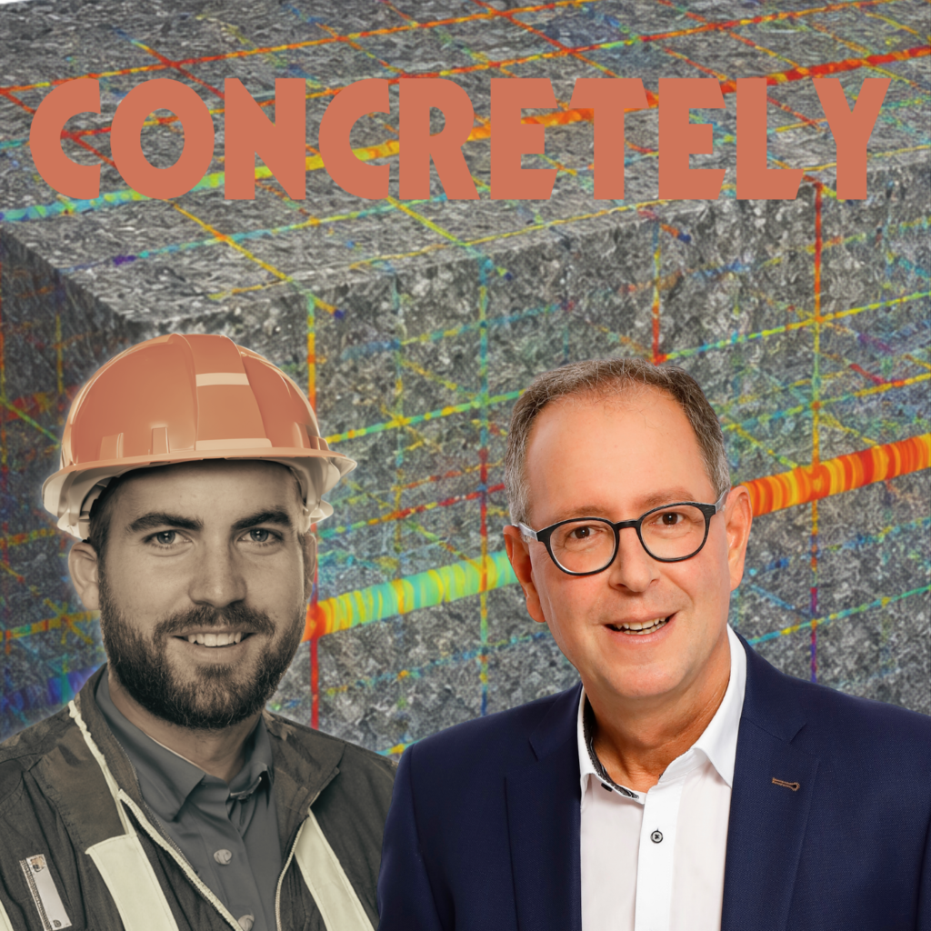 Podcast-Cover mit Johannes Lohner und Andreas Schneider sowie KI-basierter farbcodierter Bewehrungserkennung aus Muonen-Betoninspektion