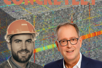 Podcast-Cover mit Johannes Lohner und Andreas Schneider sowie KI-basierter farbcodierter Bewehrungserkennung aus Muonen-Betoninspektion