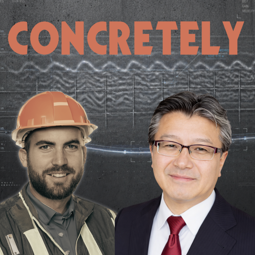 Podcast cover showing a concrete bridge with GPR scan waves visualizing rebars and post-tension cables, overlaid with the title “Concrete Inspection: GPR, Ultrasound & AI” and portraits of the host Johannes Lohner and guest Dr. Koichi Oba.