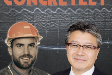 Podcast cover showing a concrete bridge with GPR scan waves visualizing rebars and post-tension cables, overlaid with the title “Concrete Inspection: GPR, Ultrasound & AI” and portraits of the host Johannes Lohner and guest Dr. Koichi Oba.