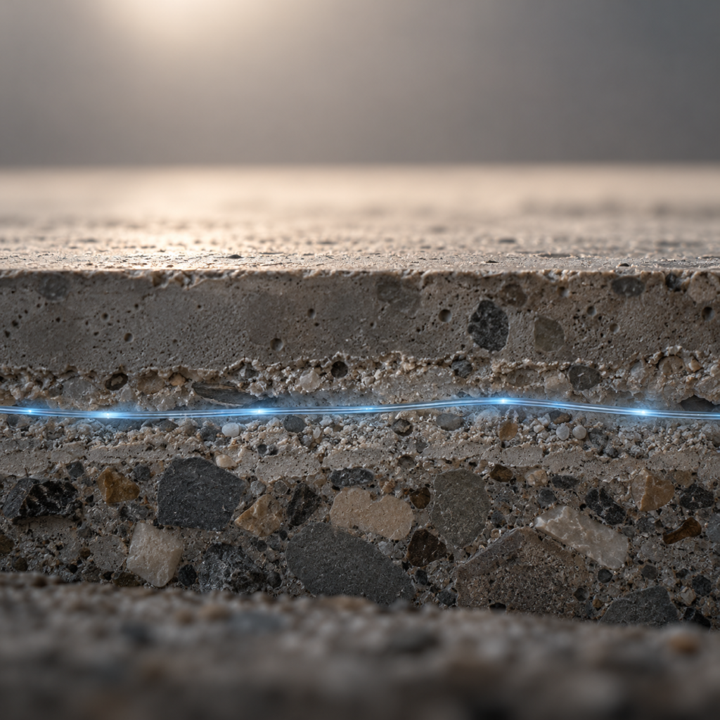Nahaufnahme eines eingebetteten Sensorkabels in einem Tunnelsegment aus Beton