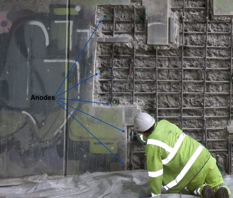 Picture from CPT (concrete preservation technology) - application of sacrifical anodes to mitigate the ring anode effect.
